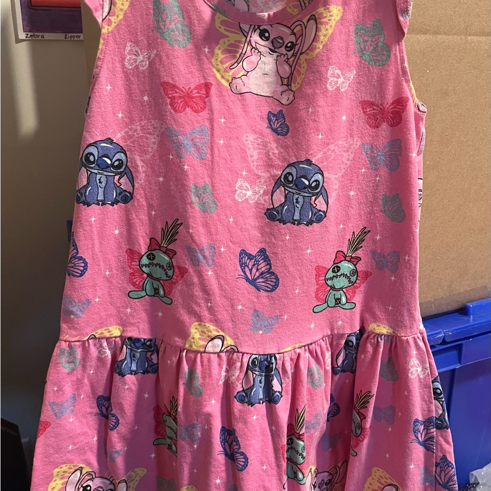 Disney Stitch &Angel pink sleeveless kids Dress with Cartoon Print & butterflies